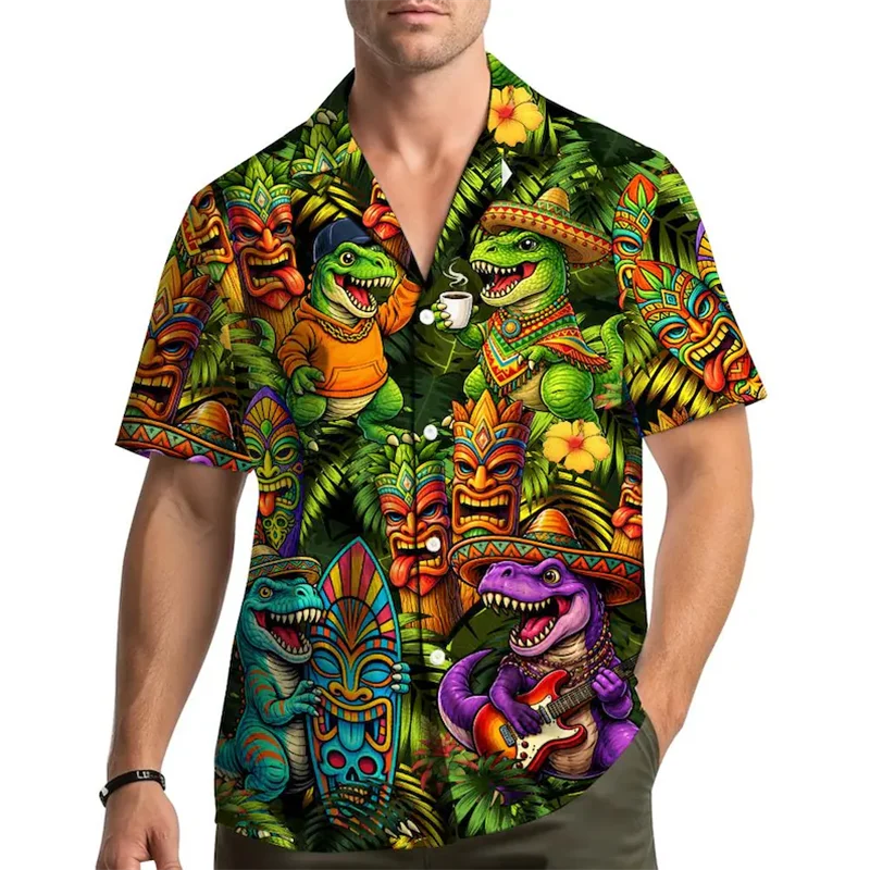 Tiki Dinosaur Print Aloha Shirt Men Bold Colorful Dinosaur Graphic Lightweight Casual Tee For Men Women Y2k Clothes