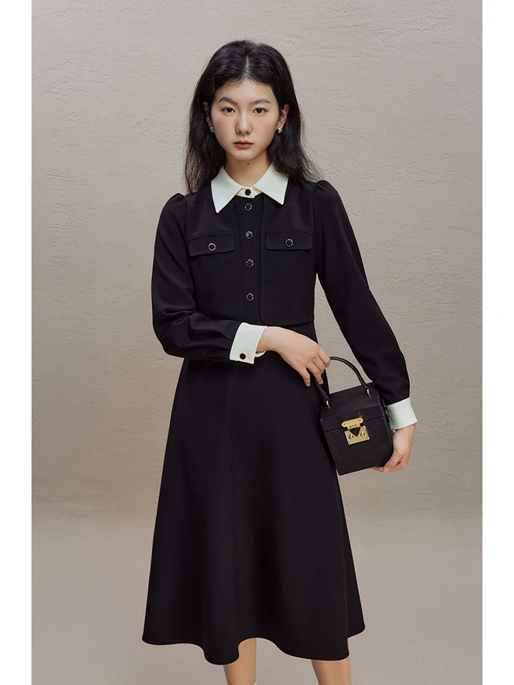 

ZIQIAO French Retro Hepburn Style Fake Two-piece Dress for Women 2023 New Sense Waist Slimming Mid-length A-Line Dress Female