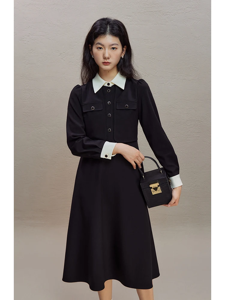 ZIQIAO French Retro Hepburn Style Fake Two-piece Dress for Women 2023 New Sense Waist Slimming Mid-length A-Line Dress Female