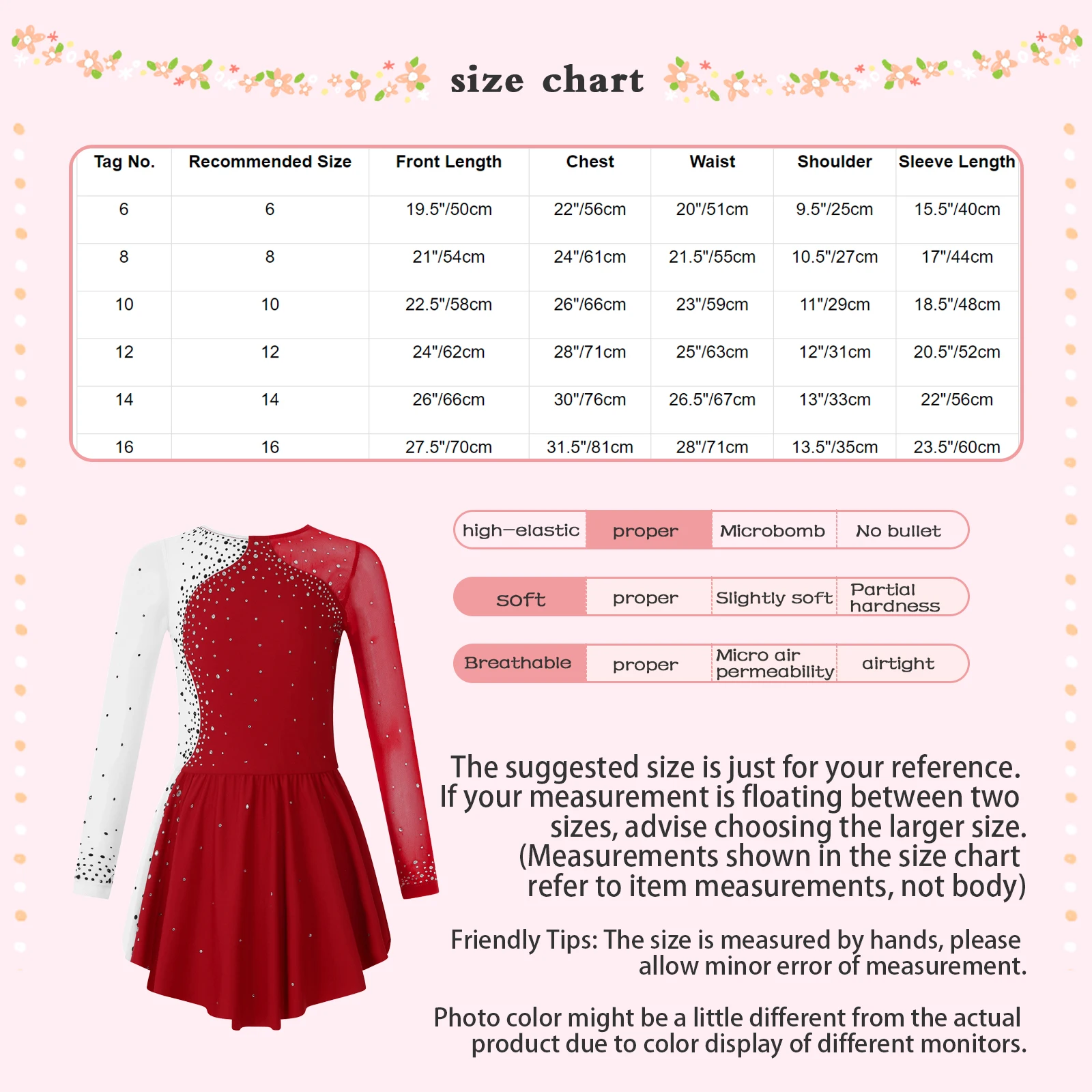 Girls Figure Ice Skating Dress Gymnastics Dance Ballet Tutu Leotard Costumes Long Sleeve Rhinestone Mesh Splice Dress Dancewear