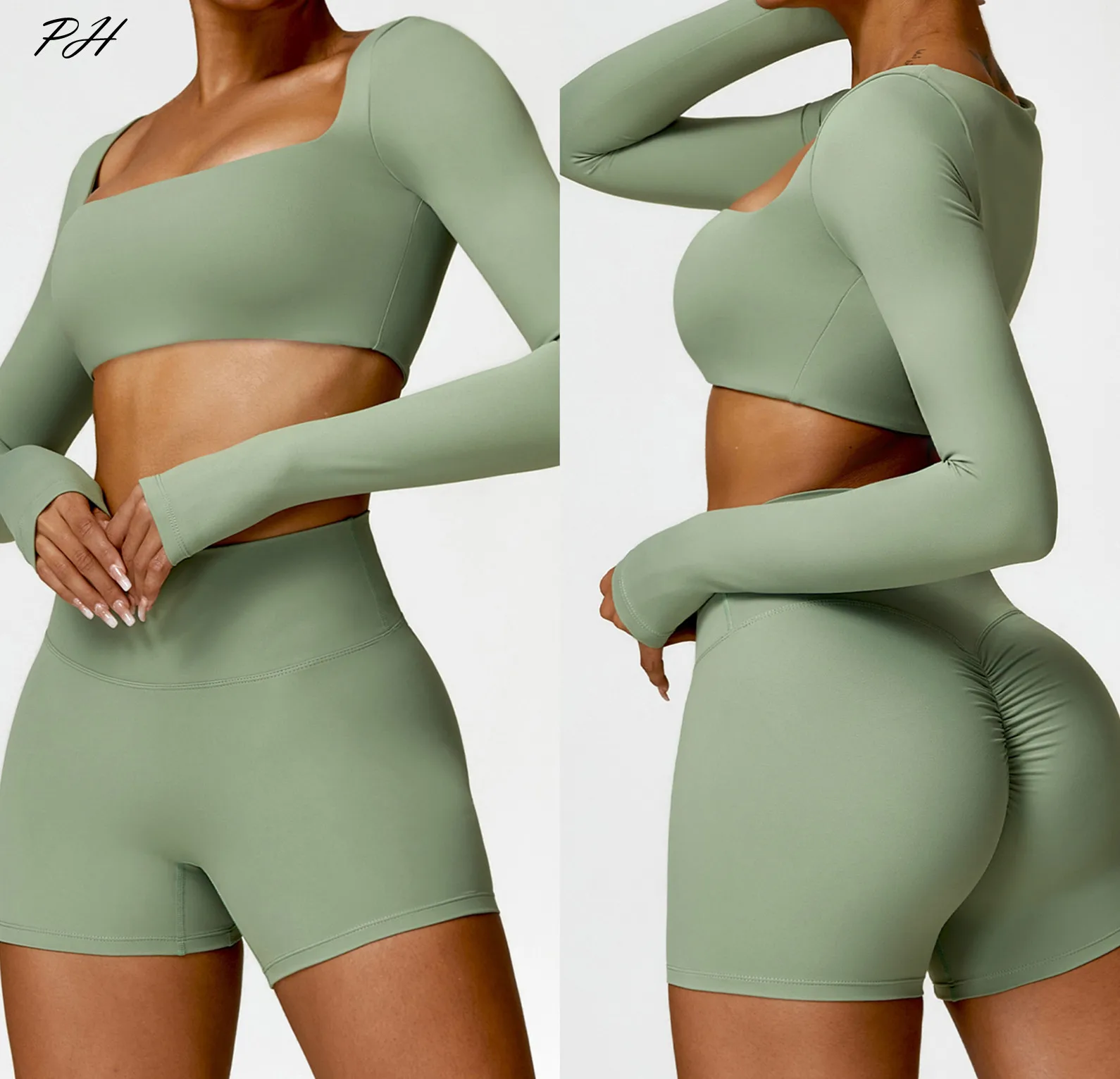 Yoga Set Women Gym Long Sleeve 2PCS Nudity Sportswear Workout Clothes Athletic Wear Shorts Fitness Bra Crop Top Sports Suits New