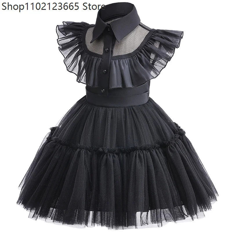 

Wednesday Role Play Costume Bebé Mesh Lace Princess Tutu Skirt Chica Black Button Punk Stage Festival Party Performance Dress