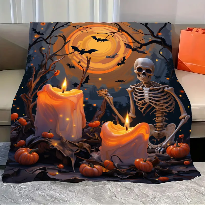 

Flannel Blanket-Soft Lightweight All-season Halloween Skeleton Pumpkin Candles Cozy Baby Blanket