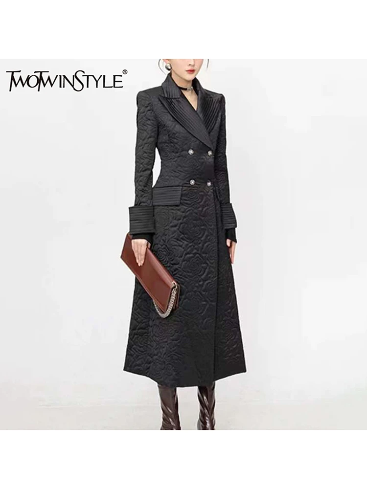 TWOTWINSTYLE Solid Patchwork Pockets Loose Elegant Trench For Women Lapel Long Sleeve Spliced Button Chic Long Coats Female New