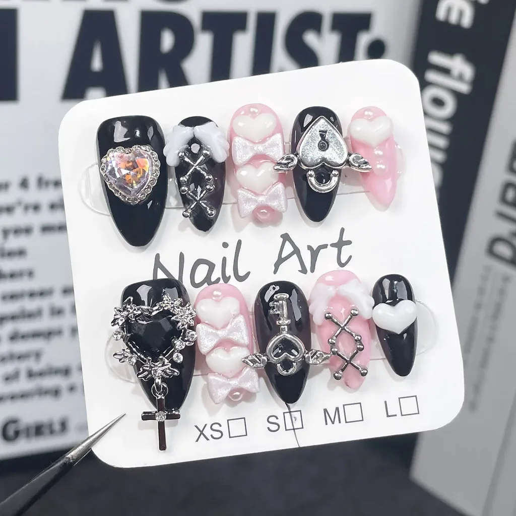 10 Pieces Y2k Spice Girl Handmade Press On Nails Black Pink Sweet Cool Nail Art Bow Love Diamond Almond False Nails