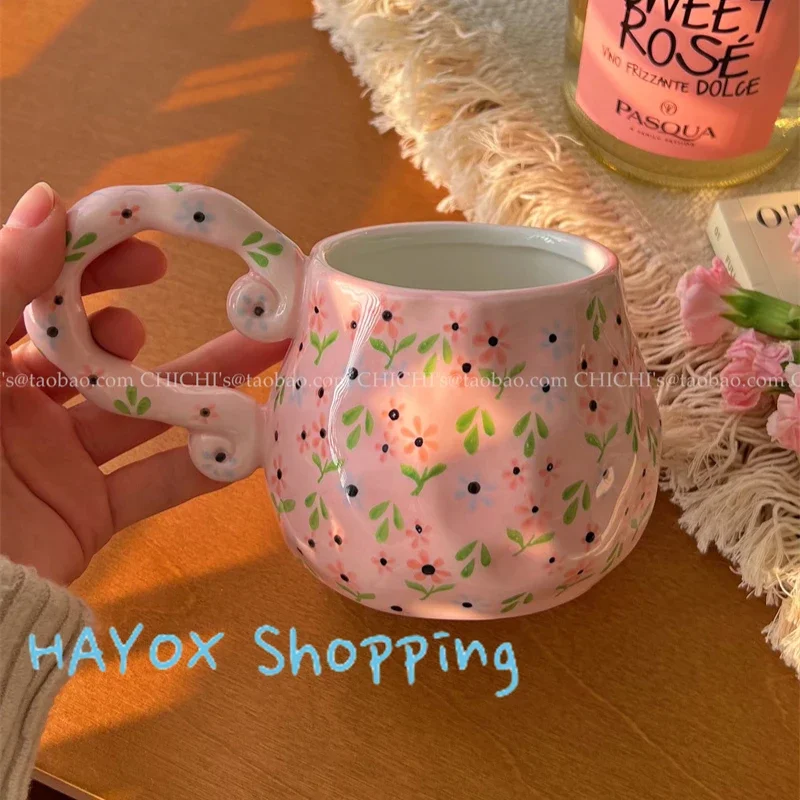 

Pink Floral Ceramic Mugs, Underglaze Color Hand-pinch Water Cups, Luxury Coffee Cup, Household Kitchenware, Home Decorations