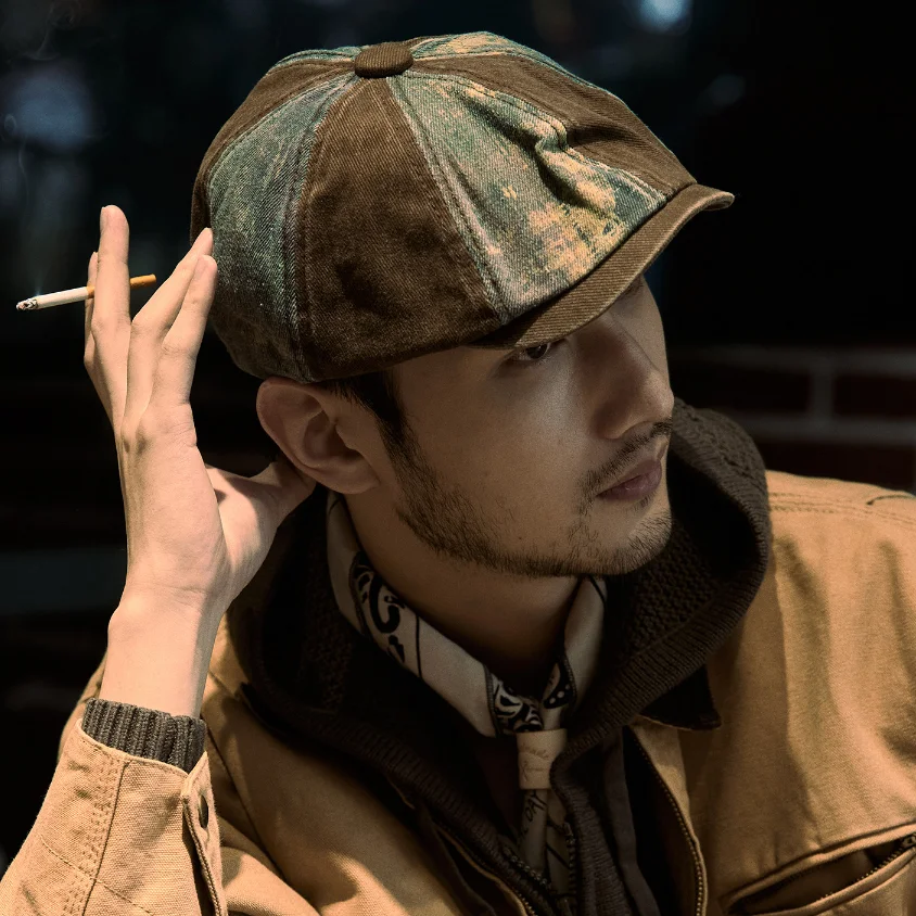 Vintage Denim Style Patchwork Newsboy Cap for Men Distressed Washed Short Brim Adjustable Flat Cap Retro Outdoor Baker Boy Hat