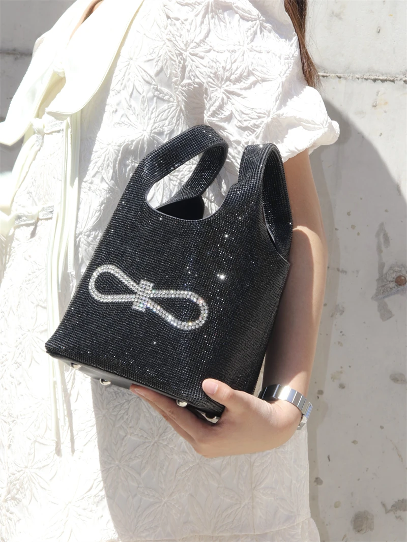 Women's Handbag Glitter Bow Knot Bucket Bag Bling Shiny Rhinestones Diamond Evening Bag Wedding Party Clutch Purse Shoulder Bag