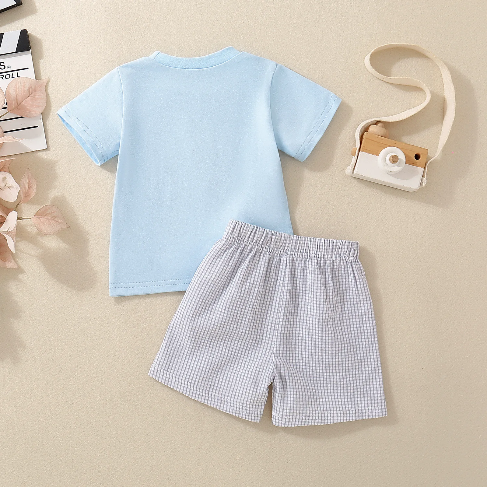 Cross-border infant blue short-sleeved rabbit embroidered top and shorts two-piece set