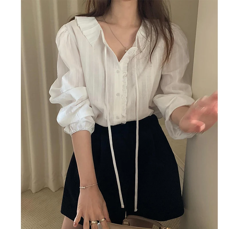 

Early Spring White irt Cute Youth-Looking Bandage Dr Long Sves irt