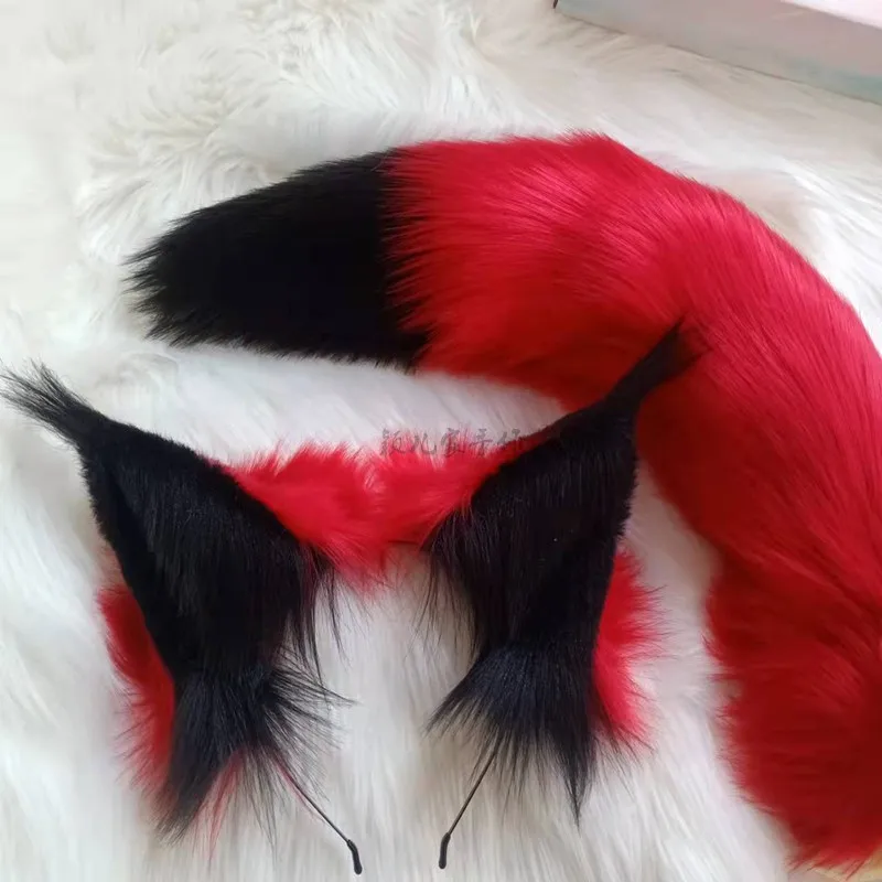 Custom made Beast Ear and Tail Handmade Black Red Ear Wolf Ear Hair Band Headwear Red Fox Ear Halloween Cos Fox Ear Hair Clip