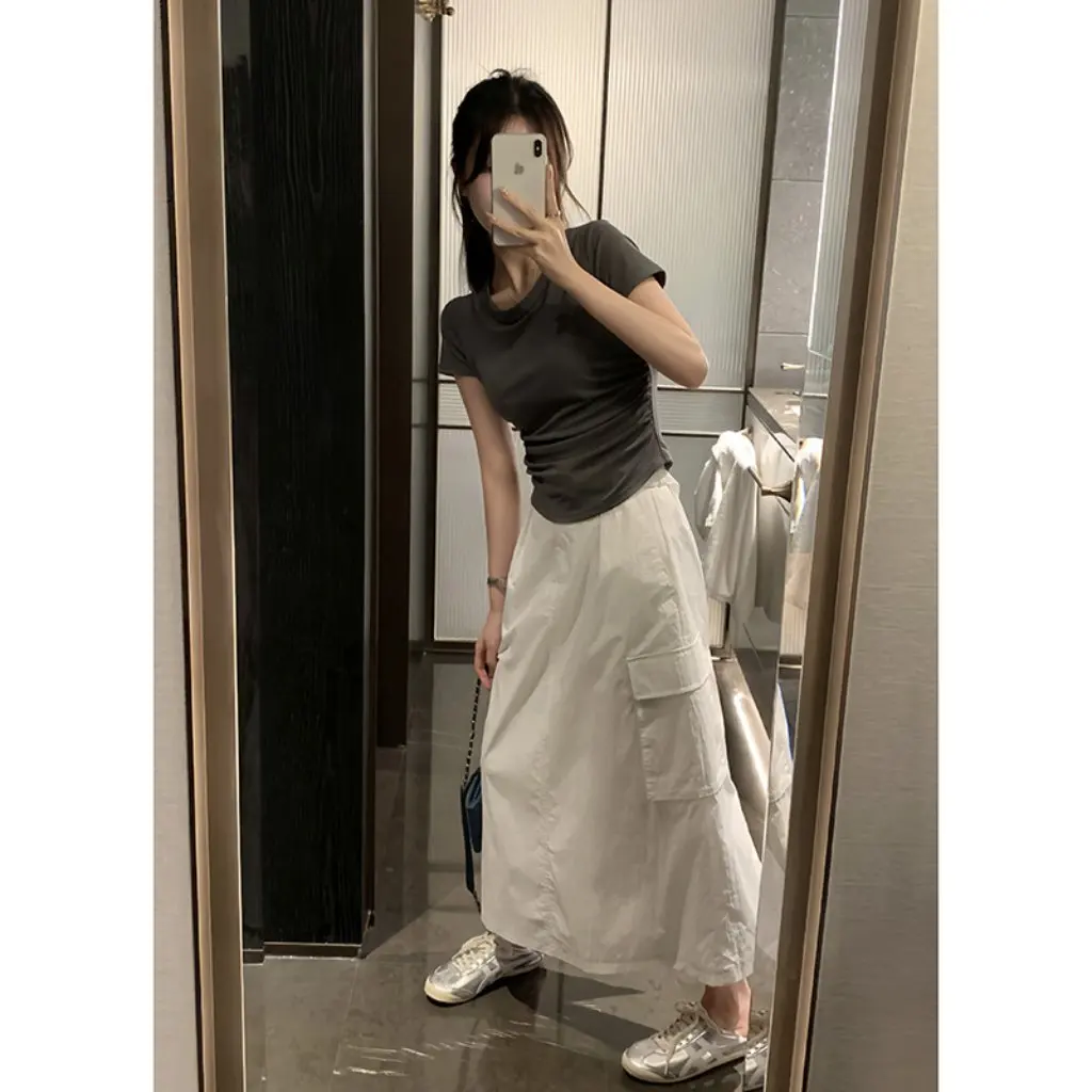 

Baishuwang Women's Short-Sleeved T-Shirt Right Shoulder Chest Pad Pleated Design Slimming Waist Versatile Summer Top