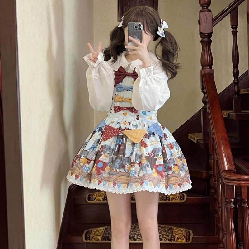 Giappone Kawaii Lolita Style Jsk Dress Women Sweet Cat Print Bow a vita alta senza maniche Strap Dresses Girls Cute Cosplay Costumes