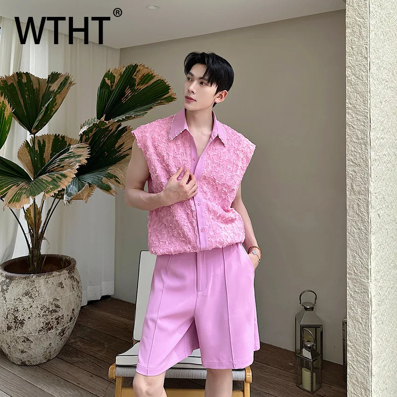 

WTHT Fashion Men's Suit Heavy Industy Beads Lapel Veast Solid Color High-waisted Straight Shorts Set Male 2025 Summer 2A1273