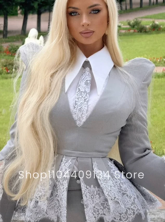 Vintage Grey Evening Dress Collared Flared Bell Sleeves Lace Patchwork Midi Skirt Women Formal Party Dress Customized vestidos