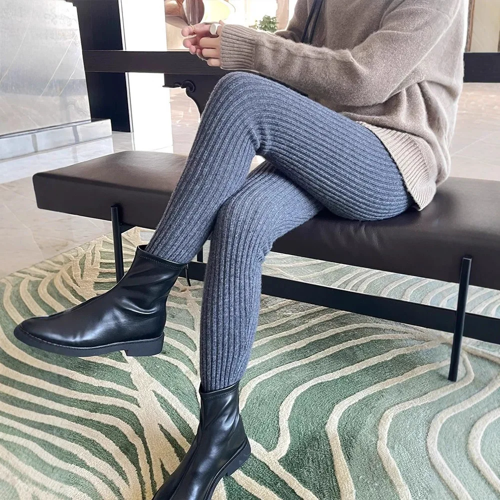 Neue Herbst Winter Frauen Hohe Taille Casual Wolle Koreanische Hosen Rippen Verdicken Elastizität Ankle-länge Hosen Gestrickte Leggings
