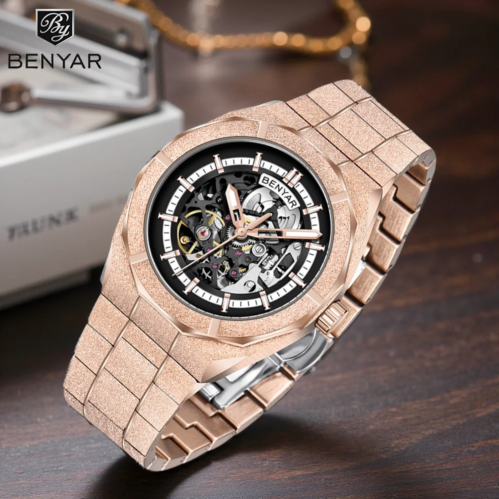 BEYAR 2025 41MM NEW hollow design luxury men automatic mechanical watches stainless steel sports clock Reloj Hombre BY-5212