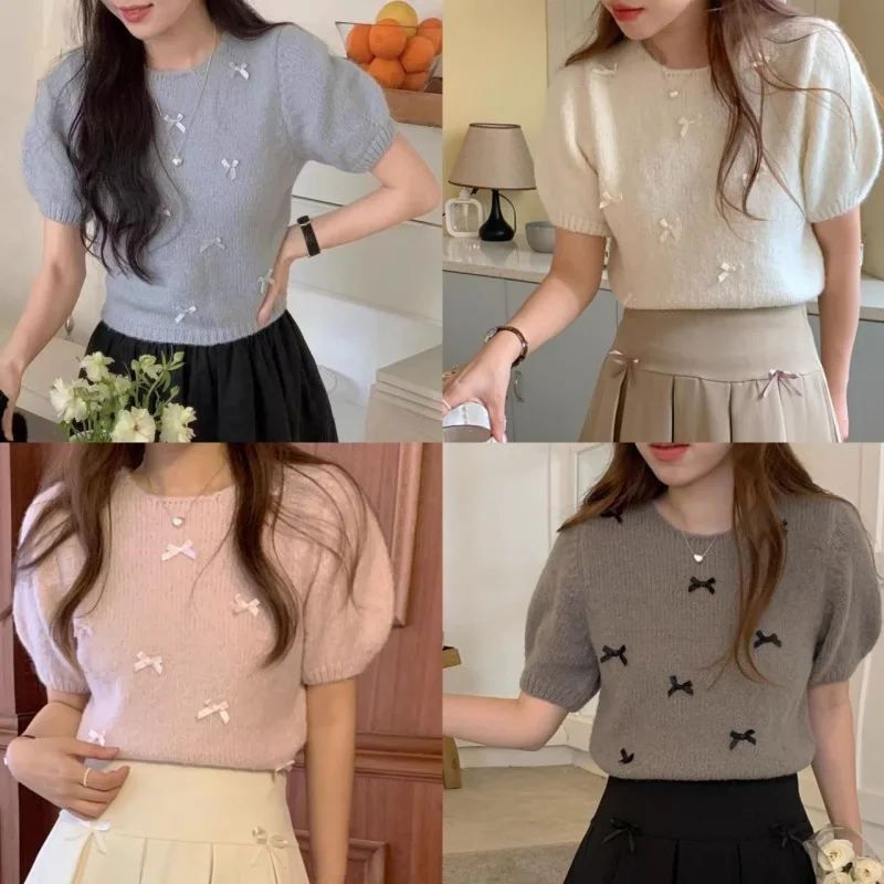 Spring Summer Sweaters Women Tops Bows Short Puff Sleeve Korean Fashion Chic Pull Female Retro Sweet Pullovers