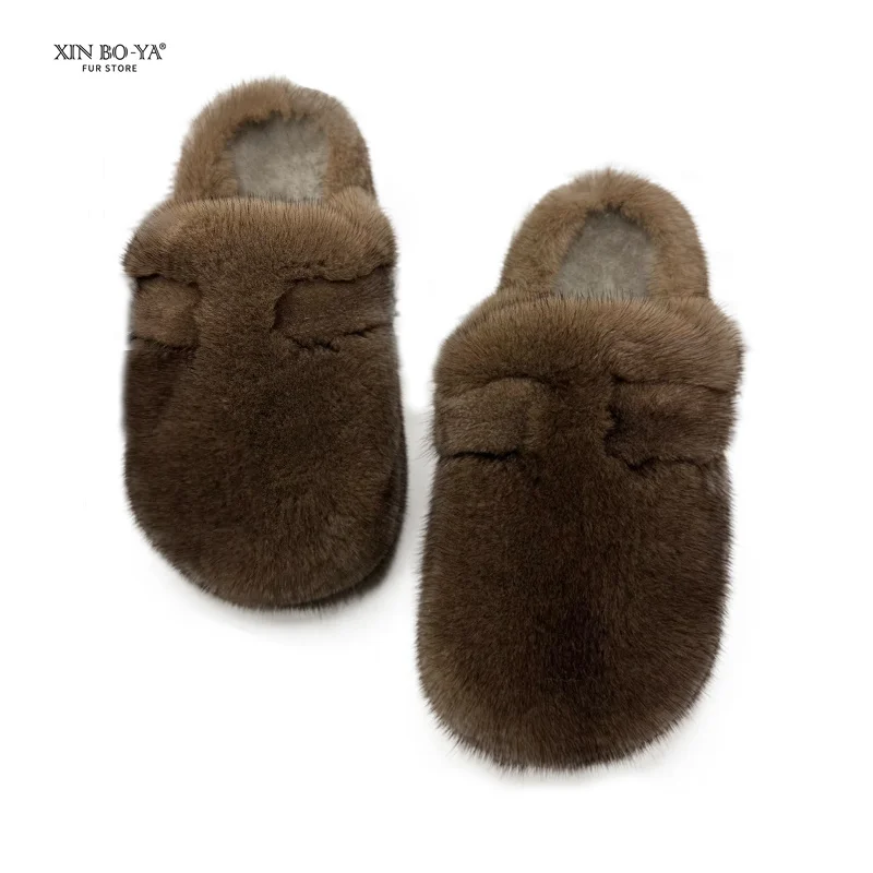 New Fashin Mink Fur Slippers Flat Shoes Women Slides Woman 2024 Trend Slippers Female Footwear Women Casual Shoes Fur Slippers