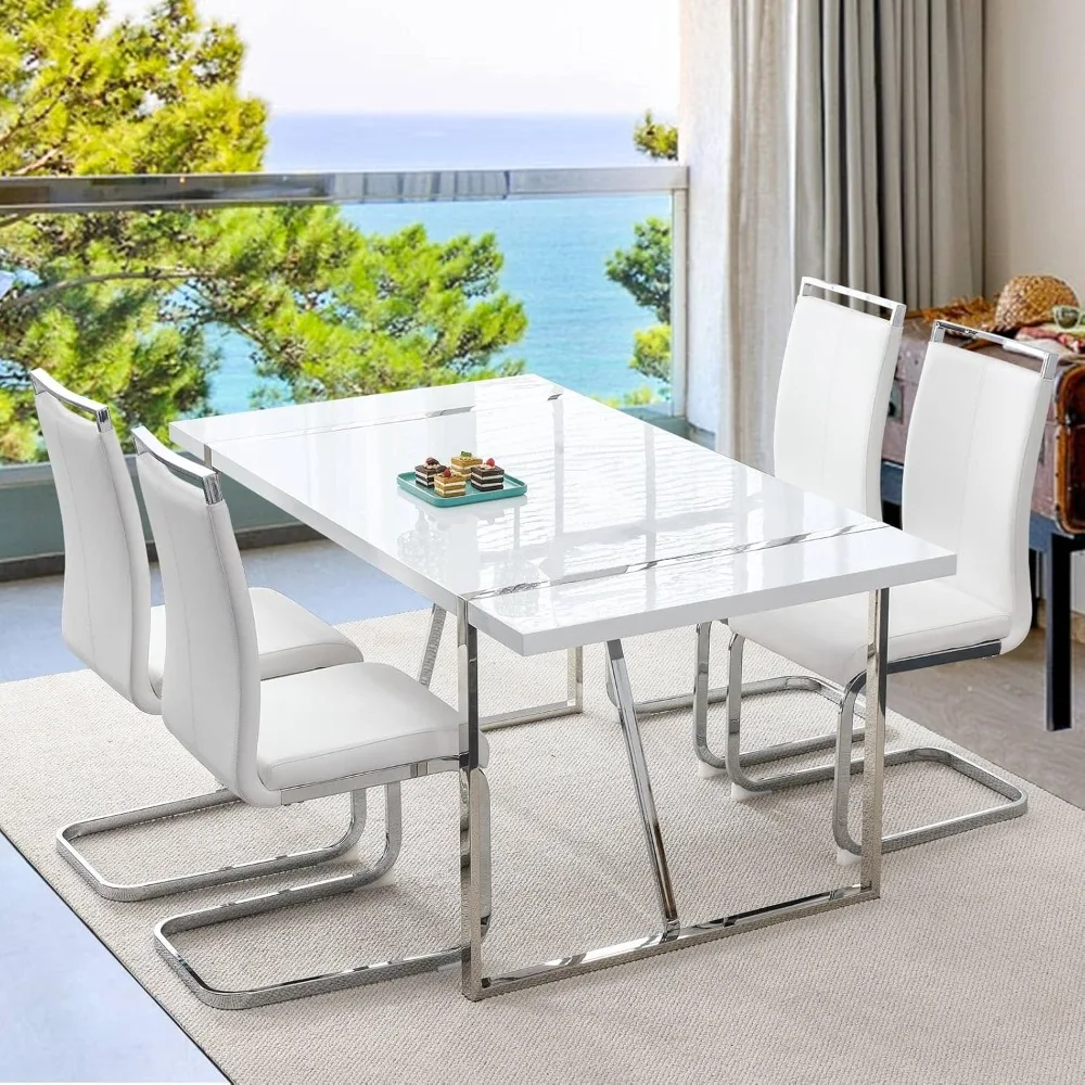 5 Piece Dining Room Set, White Rectangular MDF Kitchen Table and Leather Chairs Set of 4, Dining Room Set