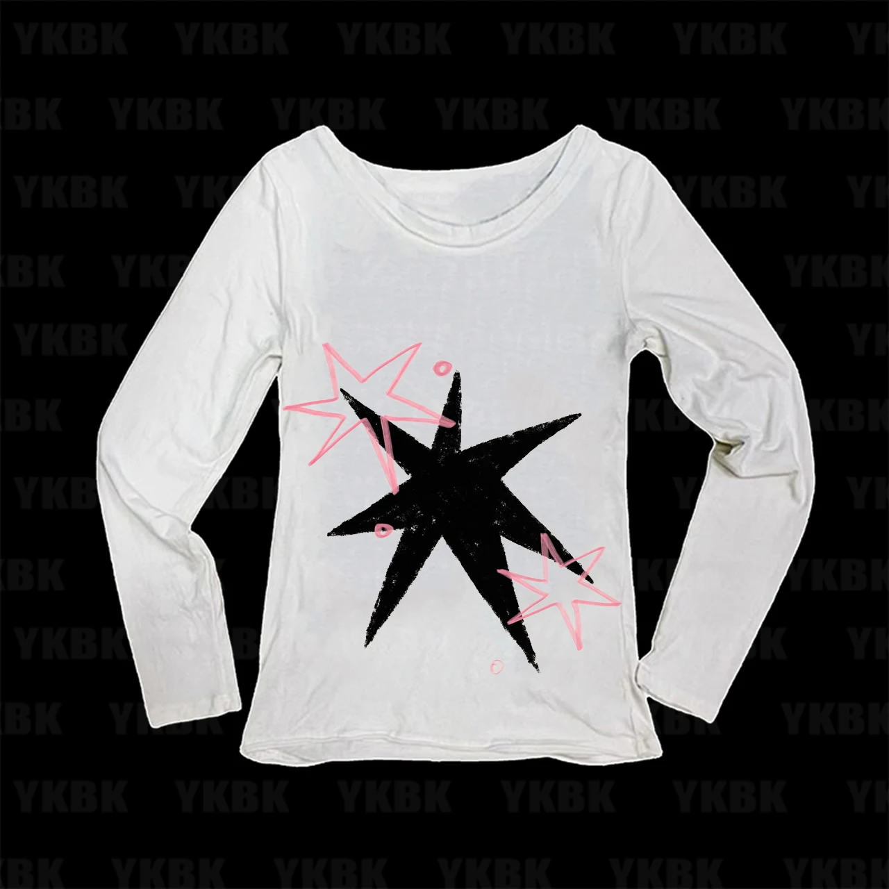 Aesthetic Hand Drawn Black Pink Star Print Women Long Sleeve T Shirt Y2K Minimalist Slim Casual Tee