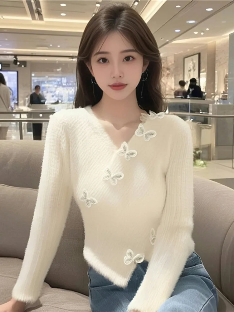 Sexy V-hals Slanke Vlinder Truien Vrouwen Vintage Streetwear 3D Mohair Onregelmatige Gebreide Jumper Franse Retro Lange Mouw Tops