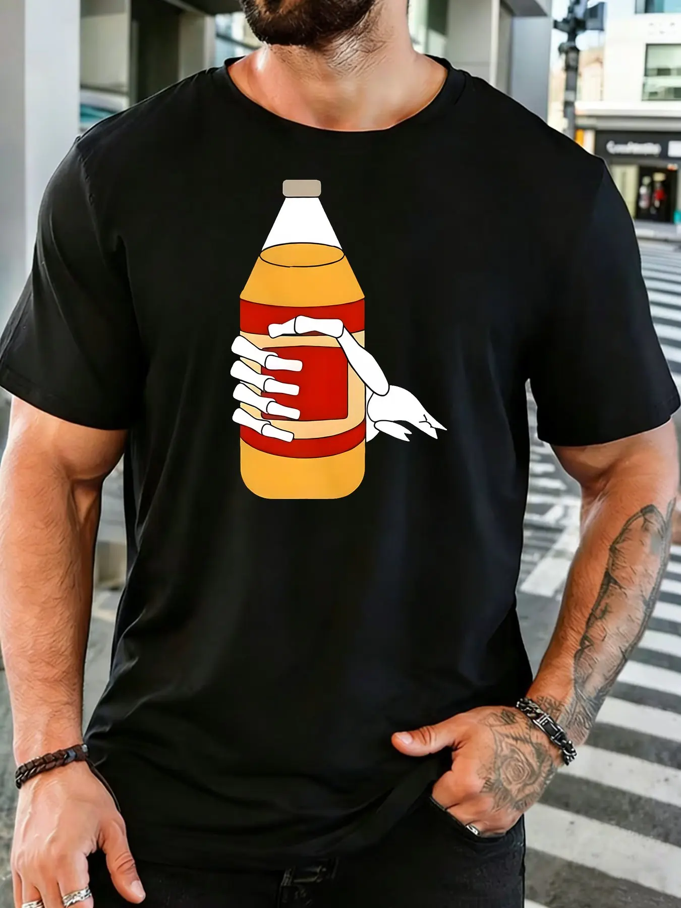Men Cotton Tee Skeleton Wine Bottle Print Round Neck Short Sleeve Loose Summer Streetwear Unisex Soft Bar Party Daily Casual Top