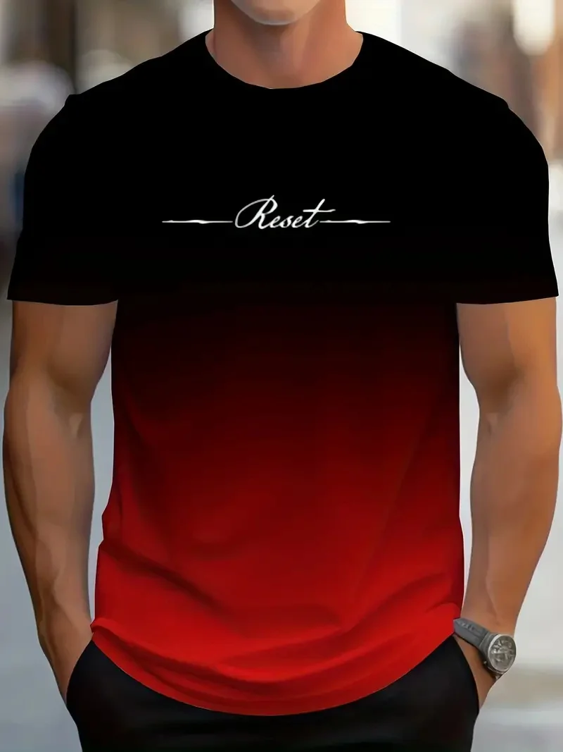 Camiseta con estampado 3D de letras de reinicio degradado para hombre, camiseta deportiva informal de verano para exteriores, Top de manga corta de secado rápido, ropa de talla grande para hombre