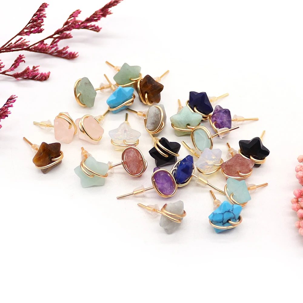 

1 Pair New Star Shape Earrings Stud Natural Stone Amethyst Lapis Lazuli Agate Ear Studs Fashion Jewelry Gift for Women Girls