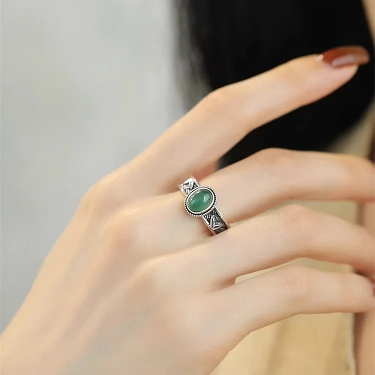 925 Sterling Silver Rings for Women Couple Minimalist Handmade Simple Green stone Ring Fine Jewelry Gift Prevent Allergy