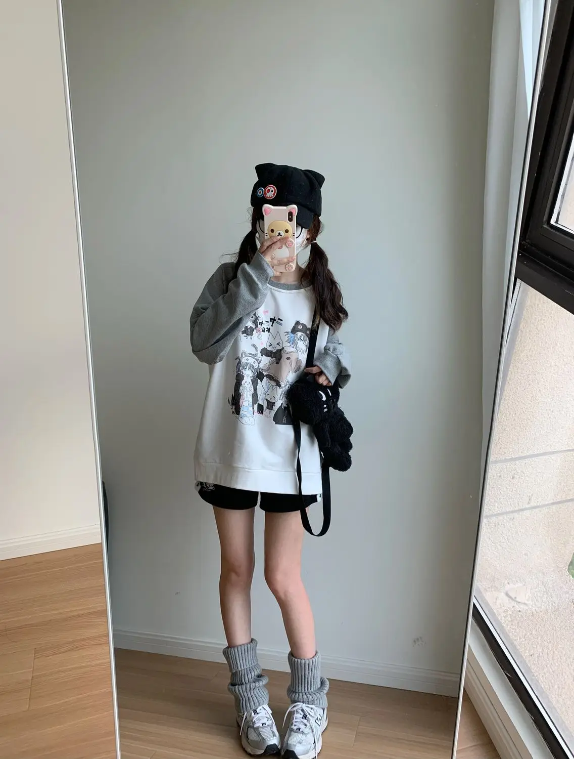 Patchwork Contrast Cartoon Print Hoodies Vintage Casual Women Y2k Aesthetic Tops Harajuku Grunge Japanese Kawaii Sweatshirts