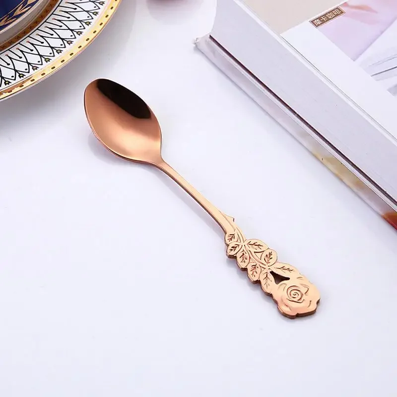 Tea Spoon Long Handle Coffee Scoop Plated Rose Teaspoon Ice Cream Dessert Spoons Sugar Stiring Spoon Kitchen Accessories