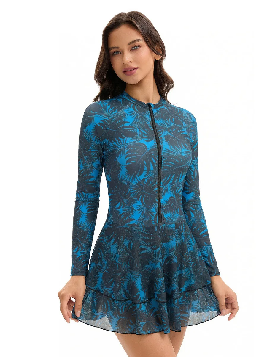 2026 Women Long Sleeve Swimsuit Modest Printed Swim Dress Padded Swimwear Rash Guard Front Zipper Surfing for Swimming UPF 50+