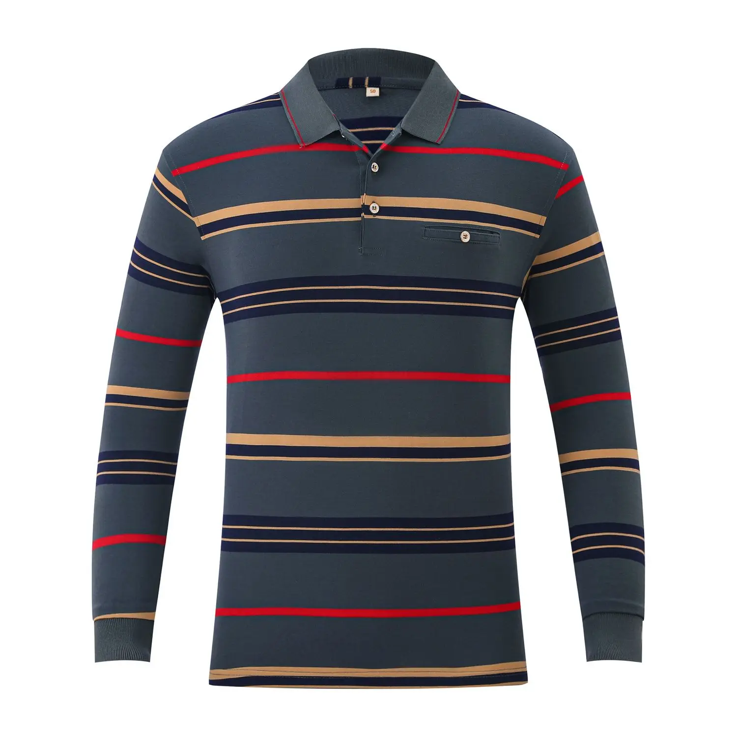 Loose Fit Men’s Striped Polo Shirt Long Sleeve Casual Collar Blouse for Middle Aged Dads Autumn Outdoor Home Wear
