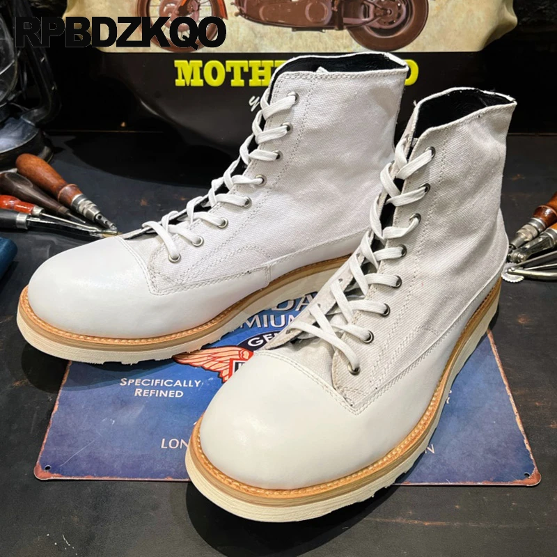 Military Army Shoes Round Toe Lace Up Big Size Cowhide Ankle Goodyear Welted Combat Boots Canvas Patchwork Tactical Men 12 Flats