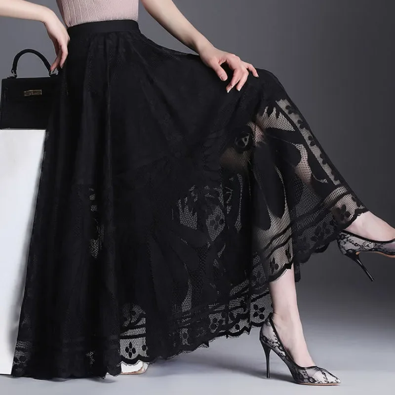 

2024 New Spring and Autumn Season Lace Skirt Women's New A-line Long Skirt Large Swing Thin Gauze Hollow Fold Skirt P317