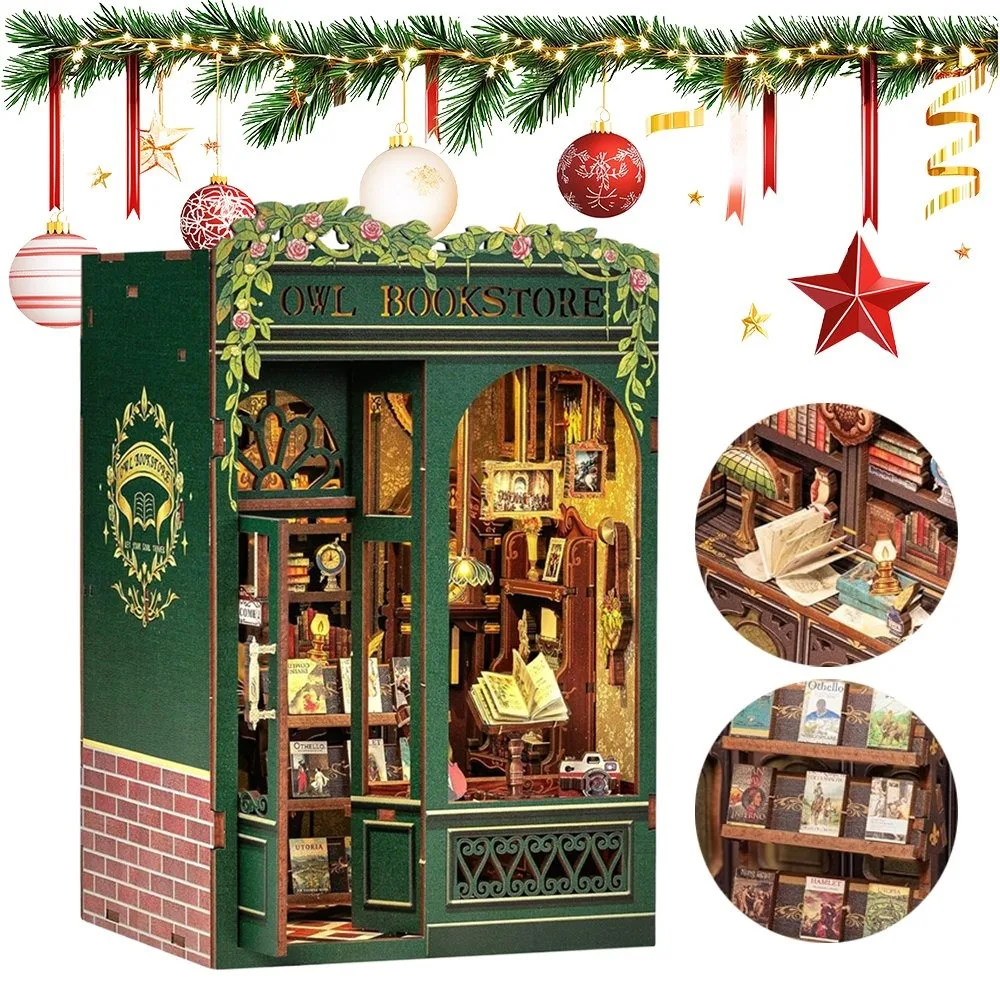 Ensemble de maquettes de librairie miniatures illuminées, kit de construction de micro-maisons détaillées, projet de bricolage relaxant, cadeau idéal pour les amateurs de livres et les collectionneurs de modèles
