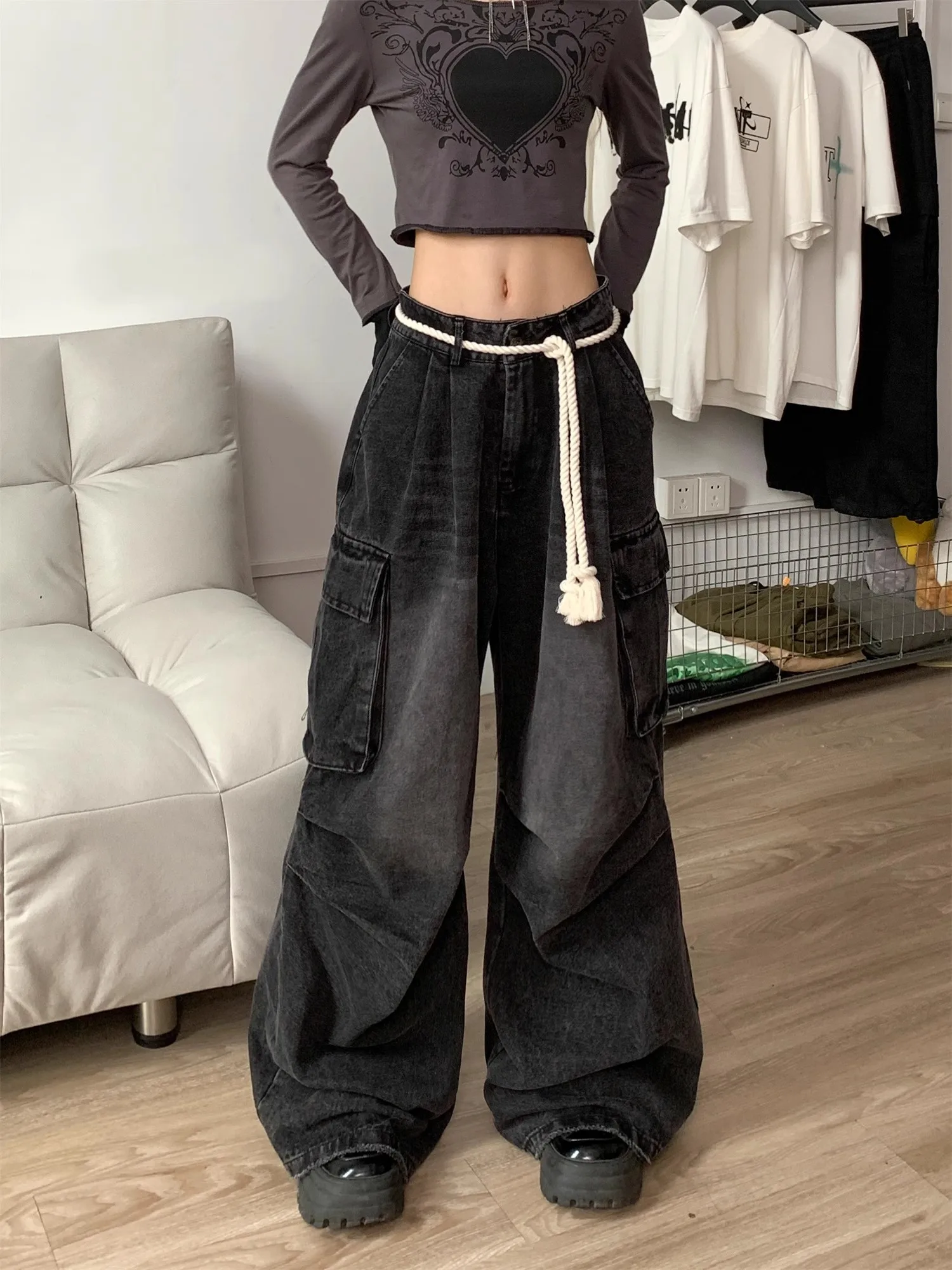 女性のブラックゴシックカジュアルカーゴだぶだぶのパンツ Y2K アメリカ原宿美学オーバーサイズ 90S ルーズワイドレッグレトロパンツ服