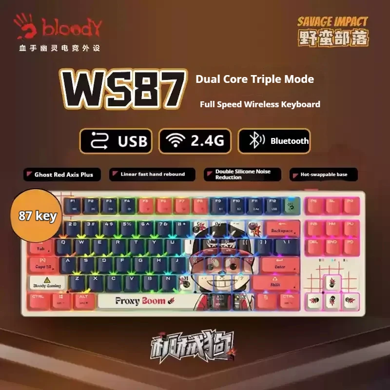 

A4tech Savage Impact Sauage WS87 Tri Mode Wireless Mechanical Keyboard Red Axis Dual Core Keyboard For Esports Games RGB Gift