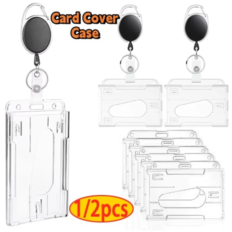 Transparent Double Cards Slots ID Tag Badge Holder with Badge Reel 2 Cards Storage Organizer Employee Pass Work Card Case Sleeve