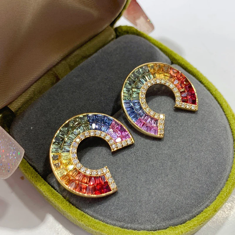 Aazuo Fine Jewelry 18k Yellow Gold Natural Sapphire Real Diamond Rainbow Moon Earrings Gifted For Women Engagement Wedding Party