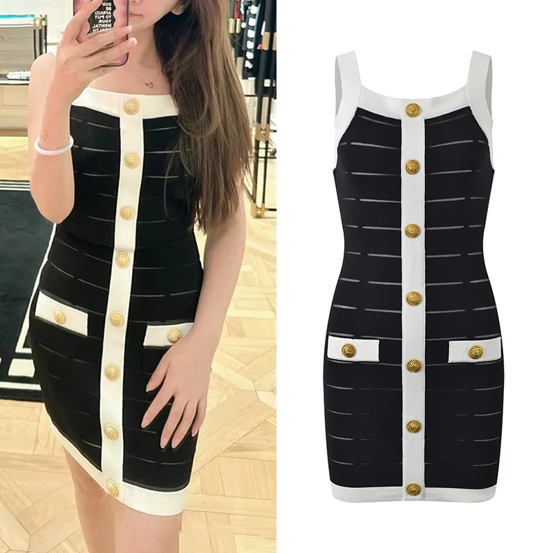 Neue 2024 Sommer Frauen gestreift gestrickt kurzes Kleid A-Linie Slim Fit hochwertige quadratische Kragen Knöpfe ärmellose elegante Design chic