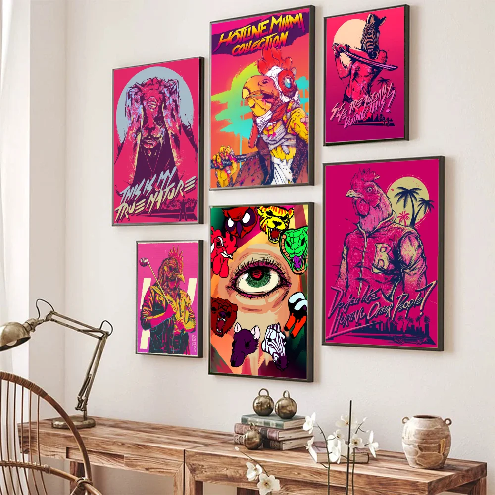 Hotline Miami  Poster Self-adhesive Art Poster Retro Kraft Paper Sticker DIY Room Bar Cafe Vintage Decorative Painting