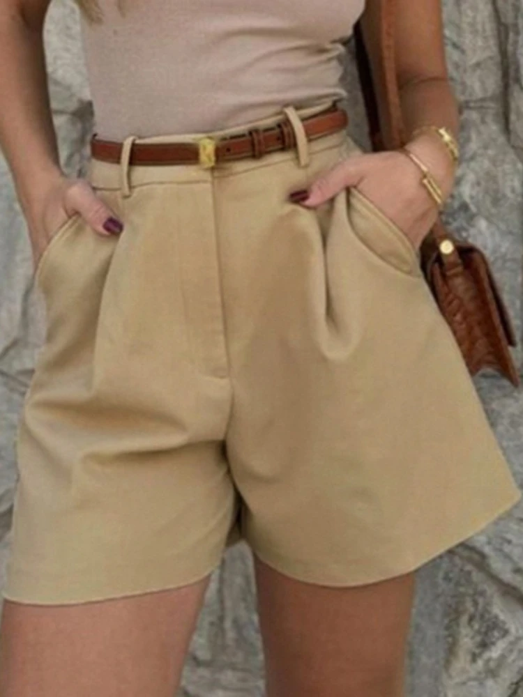 

SsTss Women's Classic Khaki High Waist Shorts Casual Pleated Loose Wide Leg Shorts with Pockets for Summer Street Daily Outfit