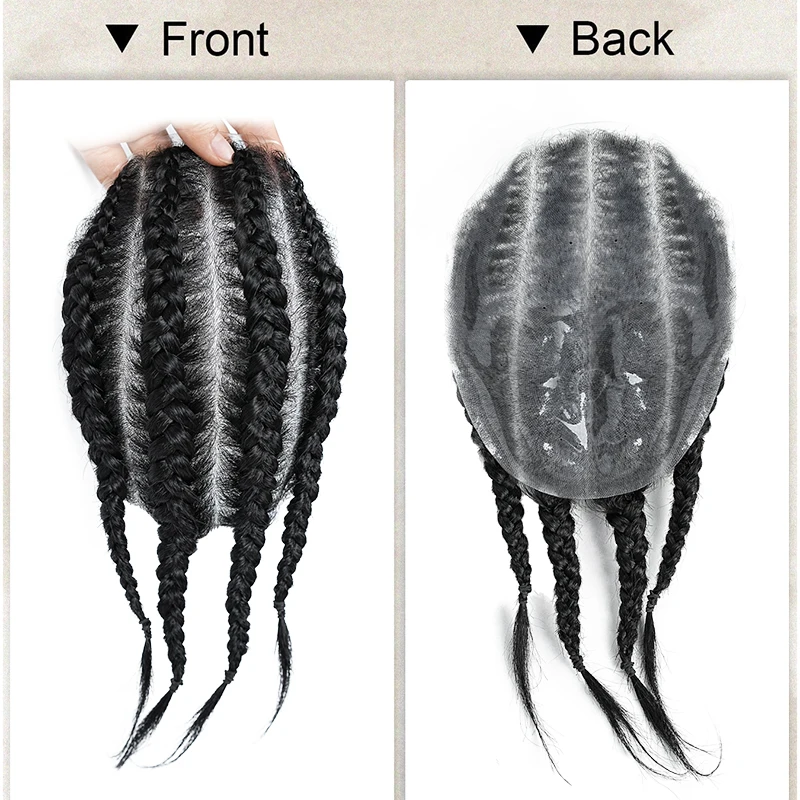 100% cheveux humains noir hommes femmes maïs tressé postiche Ultra mince respirant PU capillaire prothèse perruque tressé morceau de cheveux