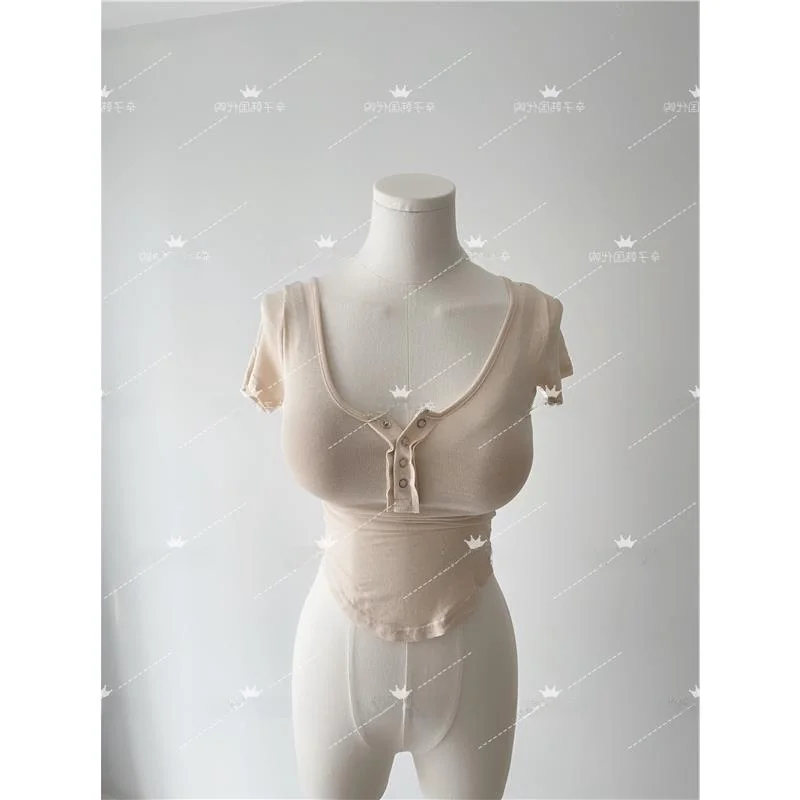 Elastic Short Sleeve T-Shirt with Waist-Cinching Arc Design And Single Button Closure Body-Shaping Women's Fashion Summer Top