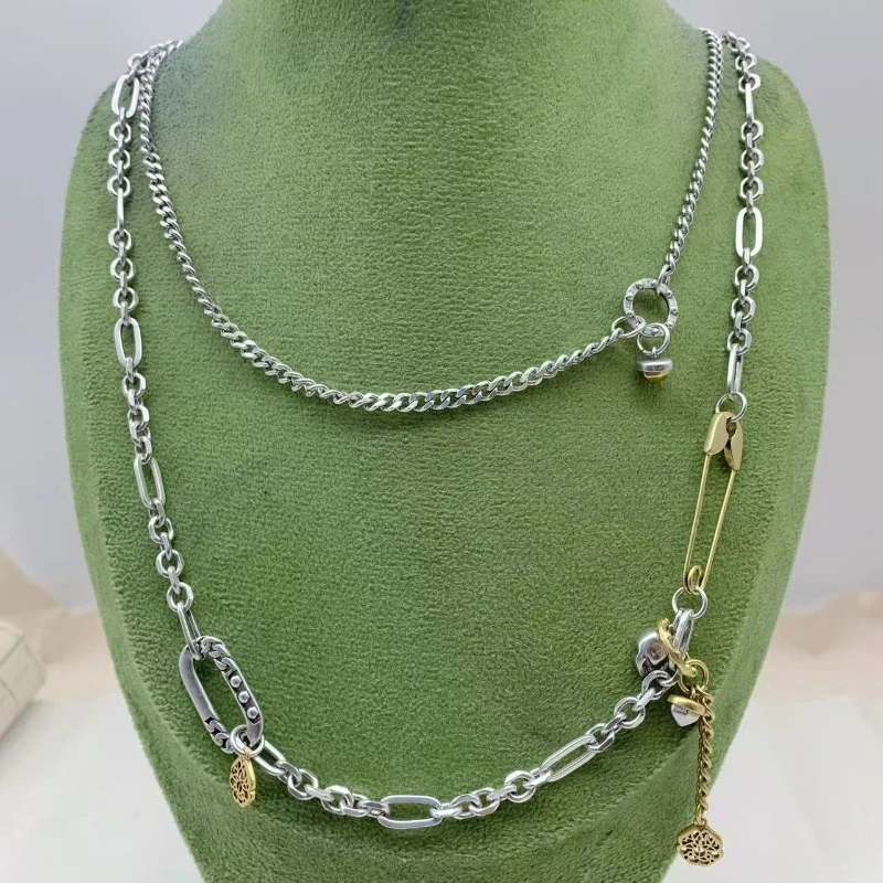 Ladies' Layered Paper Clip Chain Necklace, Gold-plated Brass and Alloy Two Tone Mixed Chain Necklace, Retro Punk Street Style Double-layer Chain Pendant Necklace, Daily Wear