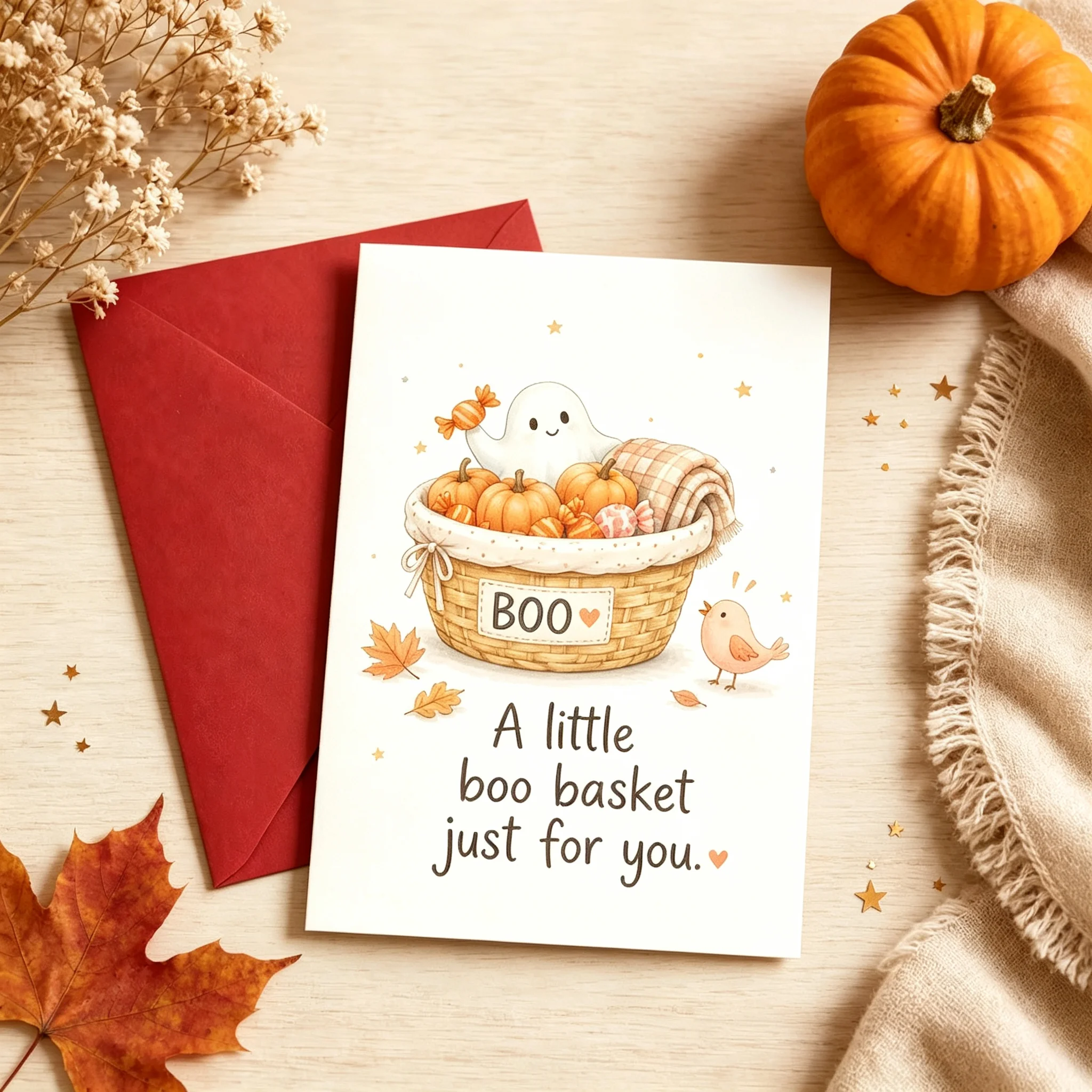 Cute Halloween Ghost Greeting Card A Little Boo Basket Just for You Fall Autumn Pumpkin Holiday Card Sweet Paper Card for Friend