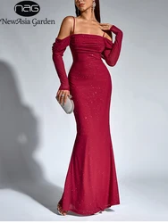 NewAsia Women's Long Sleeve Backless Sequin Long Dress Spaghetti Straps Ruched Bodycon Elegant Sexy Party Mesh Maxi Dresses Wine
