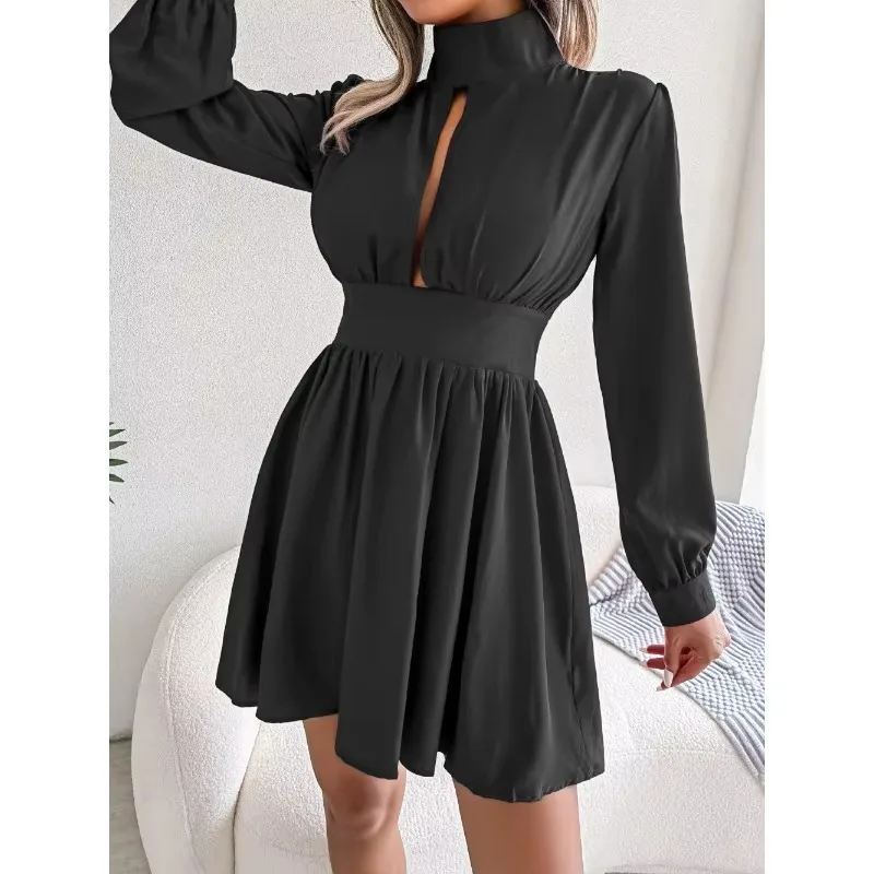 Neue Frauen Elegante Wrap Kleid Frühling Sommer Einfarbig Aushöhlen Langarm EINE Linie Kleid frauen Kleidung